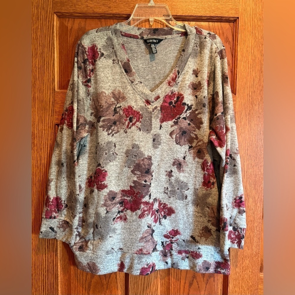 Ellen Tracy Women’s Romantic Floral Tunic XXL Long Sleeves V-neck Pockets